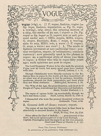 A stage-setting definition of “vogue” that appeared in the first issue, December 17, 1892. Image via the Vogue Archive, ProQuest.